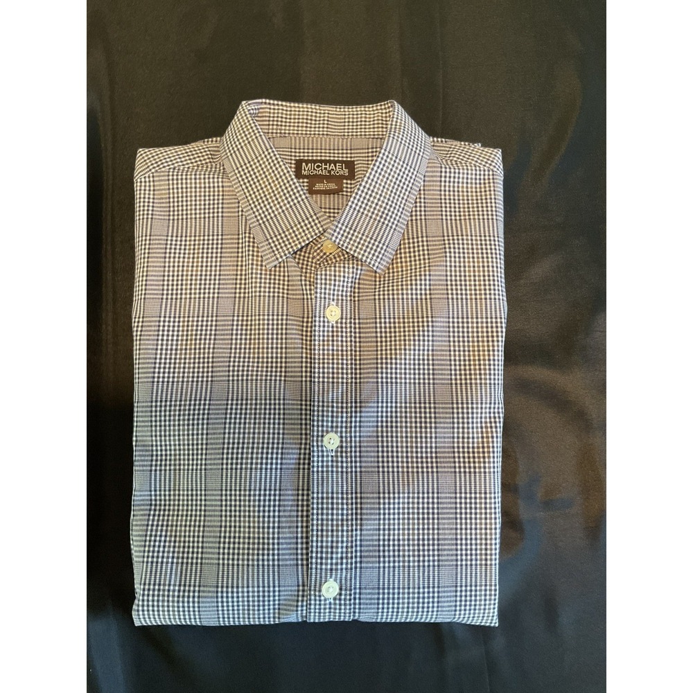 Michael Kors Men's Dress Shirt Blue Gingham Checkered, Non-Iron, Size L